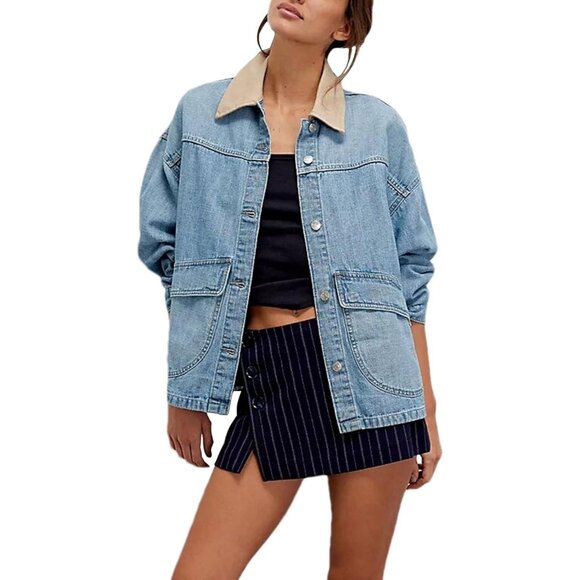 Women's Oversized Denim Jacket with Contrast Trim Long Sleeve Button Down Jean